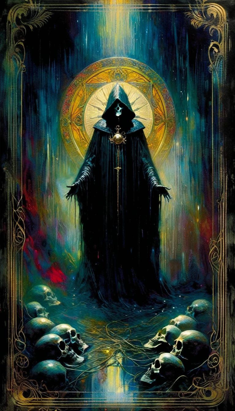 (tarot card death card, intricate detailed oil painting by Bill Sienkiewicz, vivid colors, highly detailed, cinematic dramatic lighting, mysterious, dark gothic, occult symbolism, visceral, haunting, photorealistic, 8k, masterpiece, chiaroscuro, dramatic shadows, ominous atmosphere, grungy textures, moody, somber, ethereal, powerful composition)