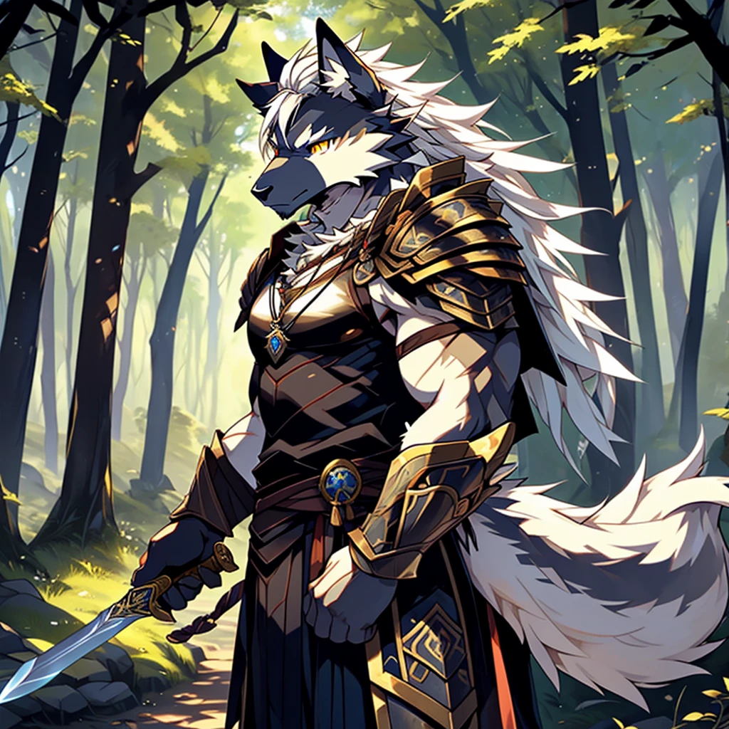 Injuried、、and、Sad eyes、Wound、armor、Back Sword、hairy、masterpiece、Anthropomorphic white wolf、Dragon-like golden eyes、Pure white hair、Tail、Wolf head pendant、forest