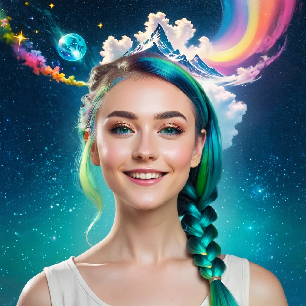 masterpiece,best quality,aesthetic,detailed face,subsurface scattering,dynamic angle, wrenchsfantasy,fantasy,1girl,photo of a cute girl,light smile,charming,20yo,Fishtail braid Hair.Asymmetrical bangs,Teal hair,glowing,cloud,colorful || starry,stars,spacecraft, space_style,style-swirlmagic,style-sylvamagic,rainbow-candy, brave, intricate, elegant, dramatic, divine, glowing, sharp focus, incredible detailed, creative, cinematic, fine detail, striking, pretty, perfect, artistic, exciting, marvelous, illuminated, loving, beautiful, enchanted, inspired, vibrant, light, winning, futuristic, best