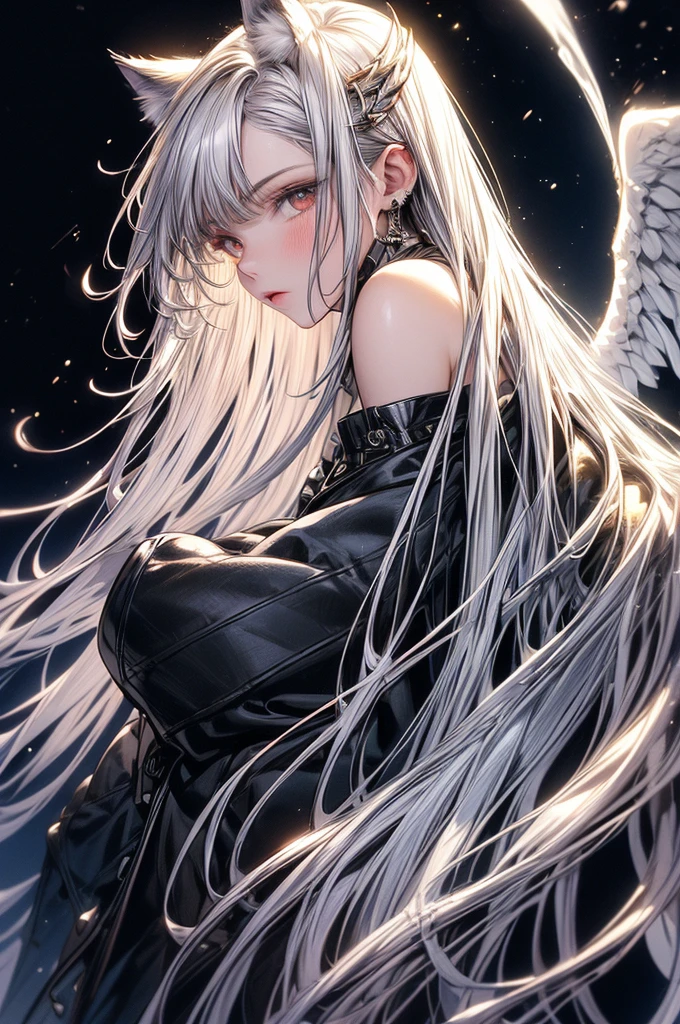 ((masterpiece, Highest quality)),Ultra-high resolution, (realism: 1.4),Best illustrations,Line art,Very condensed adult female,Delicate and beautiful features,Slit eyes,Sharp face,Very detailed white coat,Silver Hair,Wolf ears,Big tail,Fantasy,Roaring against the backdrop of the full moon and wilderness,wide aperture,Unreal 5,Scattered beneath the surface,Anatomically correct,Low angle full body shot