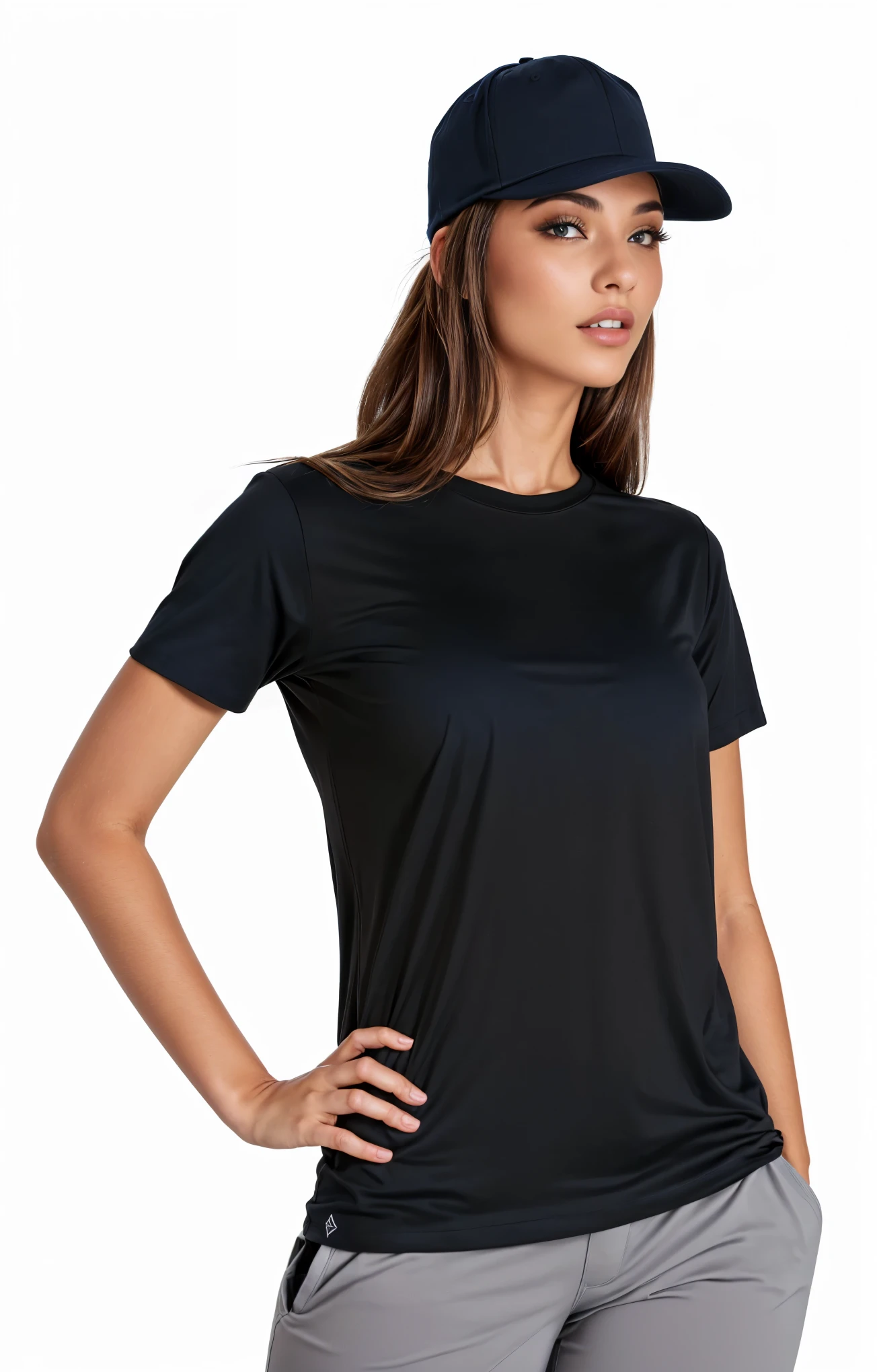 arafed woman in a black jersey and a black hat, wearing a black tee, black tee, vestindo uma black tee, vestindo black tee, wearing a black jersey, wearing a navy blue cap, black tee, black tee, black jersey, with black hat on head, full product shot, black hat