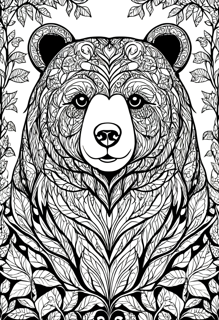 Bear in the forest,Black and white line drawing,Line Art