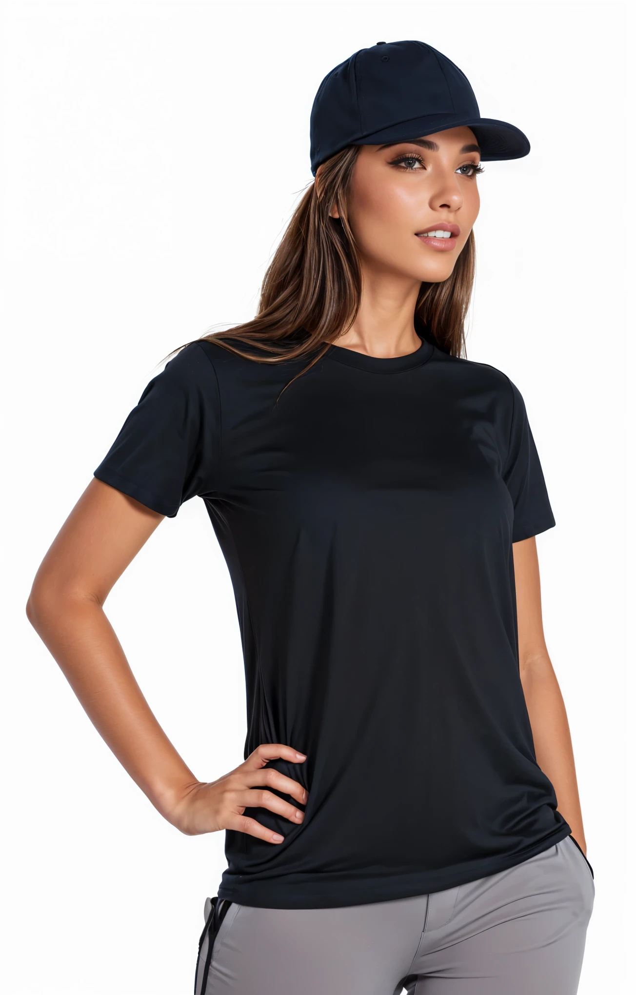 arafed woman in a black jersey and a black hat, wearing a black tee, black tee, vestindo uma black tee, vestindo black tee, wearing a black jersey, wearing a navy blue cap, black tee, black tee, black jersey, with black hat on head, full product shot, black hat