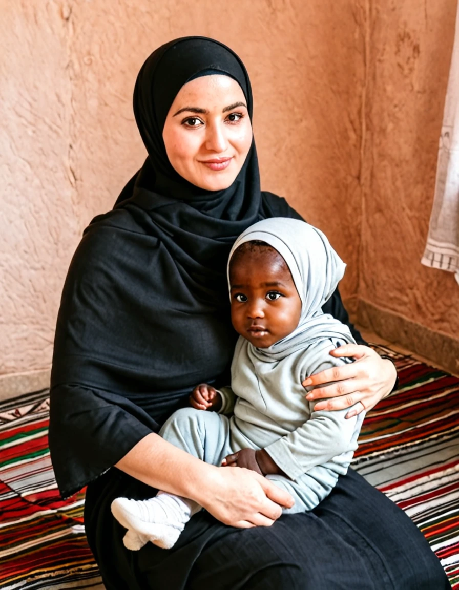Pale skin Kurdish woman in hijab embracing her ebony African baby sitting in village room view from up