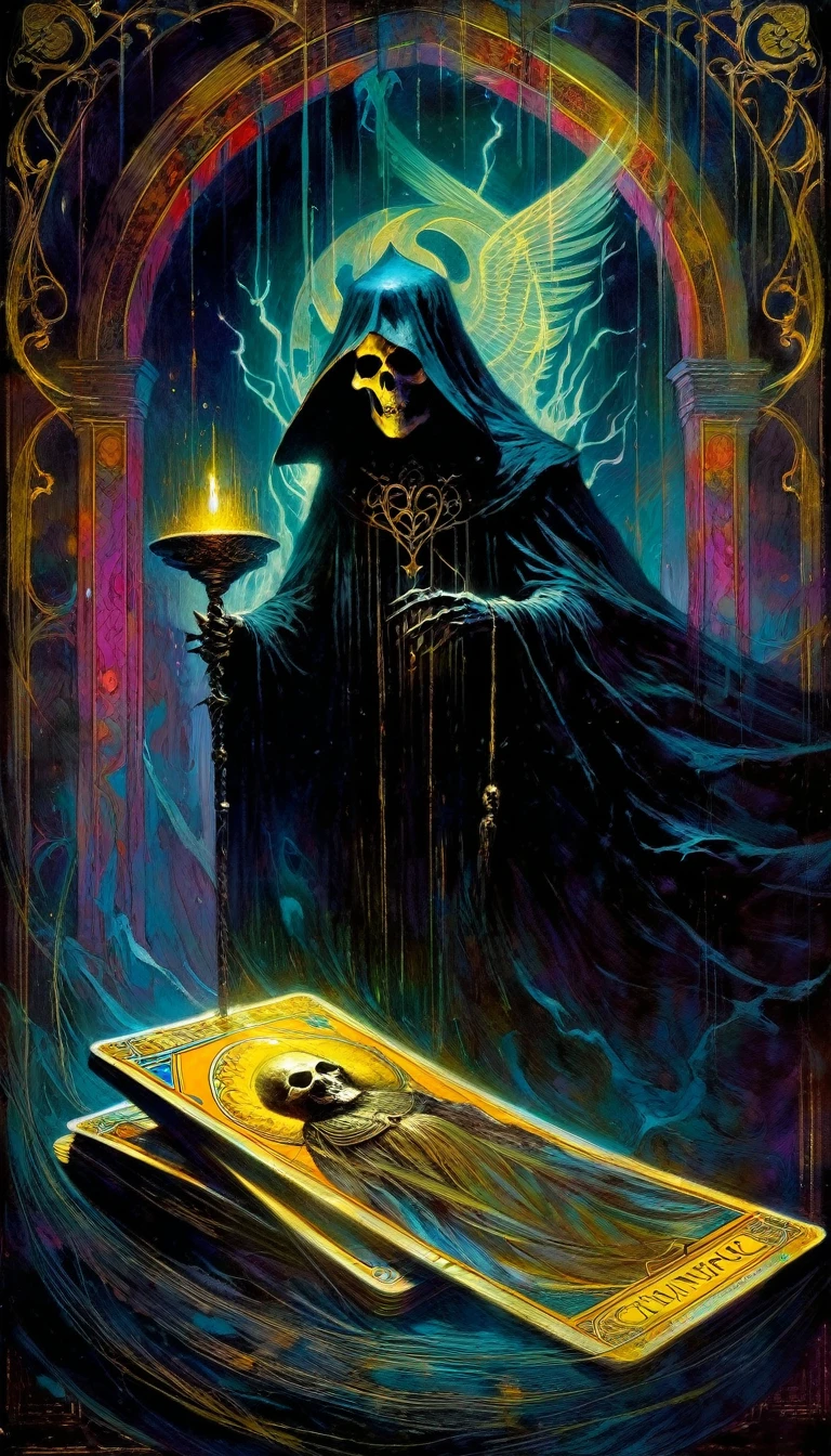 (tarot card death card, intricate detailed oil painting by Bill Sienkiewicz, vivid colors, highly detailed, cinematic dramatic lighting, mysterious, dark gothic, occult symbolism, visceral, haunting, photorealistic, 8k, masterpiece, chiaroscuro, dramatic shadows, ominous atmosphere, grungy textures, moody, somber, ethereal, powerful composition)