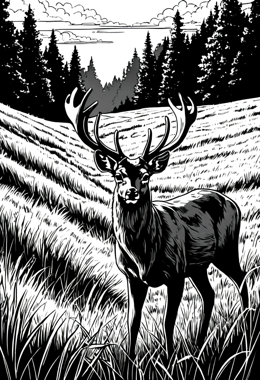 Deer on the grassland,Black and white line drawing,Line Art
