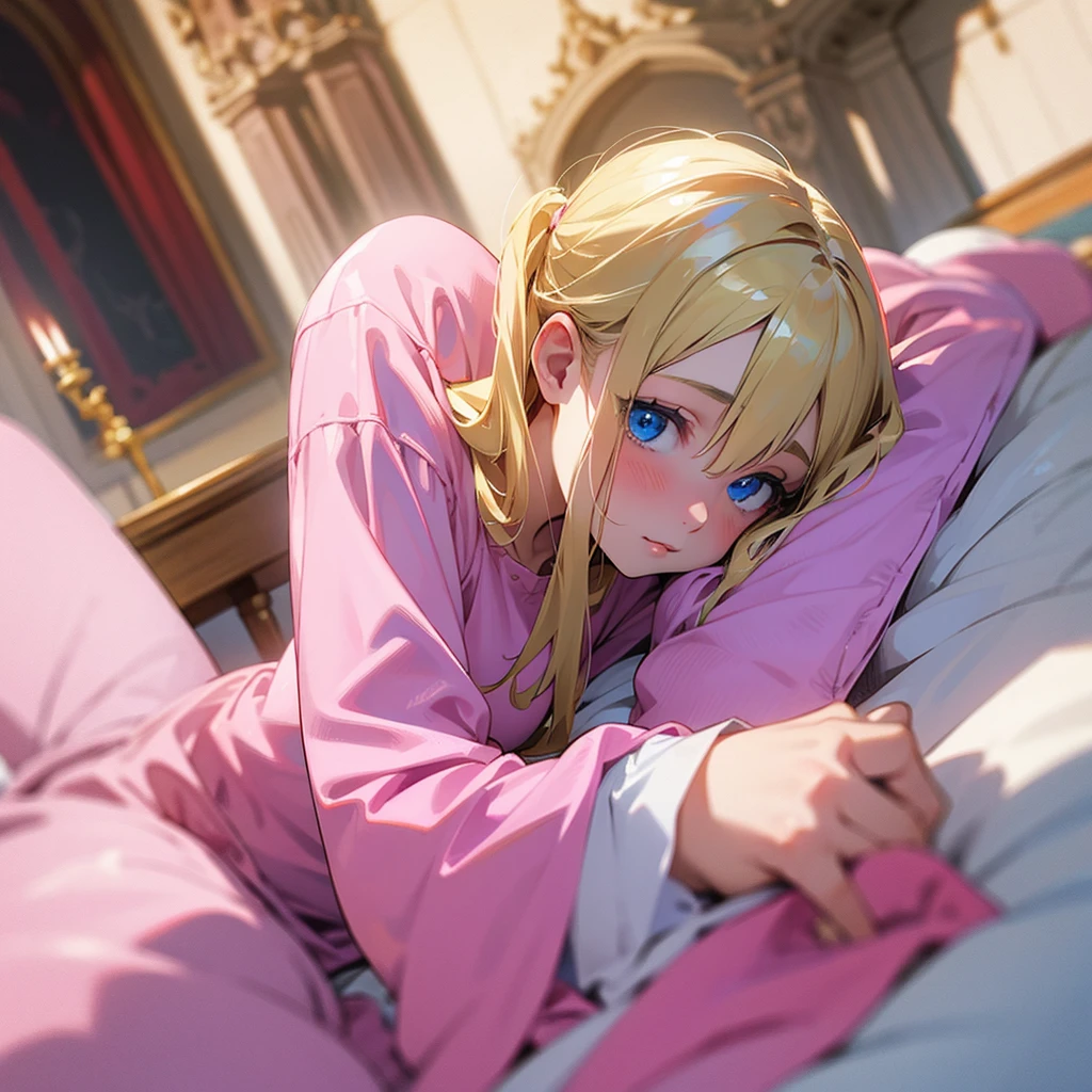 Blonde hair age girl with blue eyes waking up in bed that is in a castle, wearing pink pajamas looking shoked
