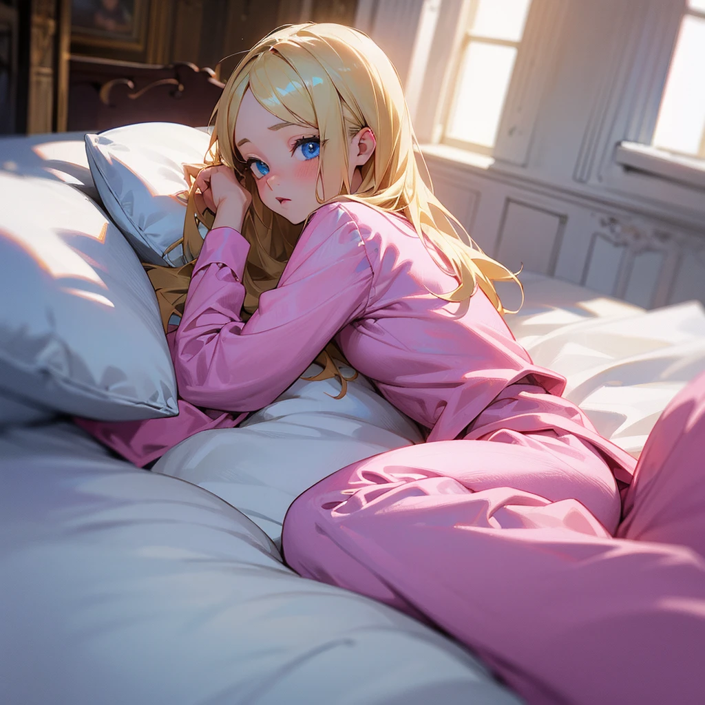 Blonde hair teenage girl with blue eyes waking up in bed that is in a castle, wearing pink pajamas looking shoked