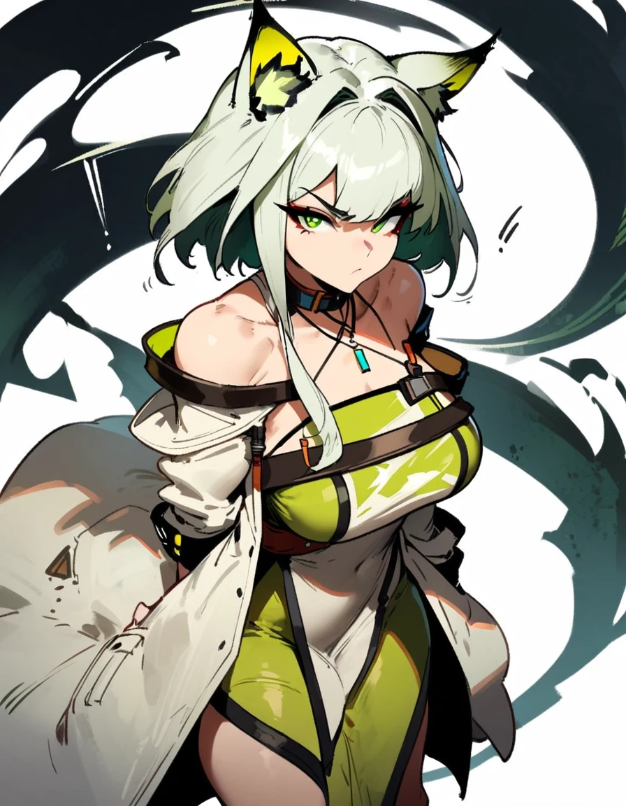 1girl, kal'tsit \(arknights\), arknights \\\\\ masterpiece, best quality, very aesthetic, absurdres, newest \\\\\\ slim body,///// ,by nyantcha,cutesexyrobutts , by khyle,,////// ,,,, , ,,detailed face, , ,, , , , , beautiful face, (white background:1.2), , sexy, , serious.angry, green eyes, animal ears, , ,,,big tits,),  in the center of the frame,,, ,wears a lab coat, ,full body ,  solo