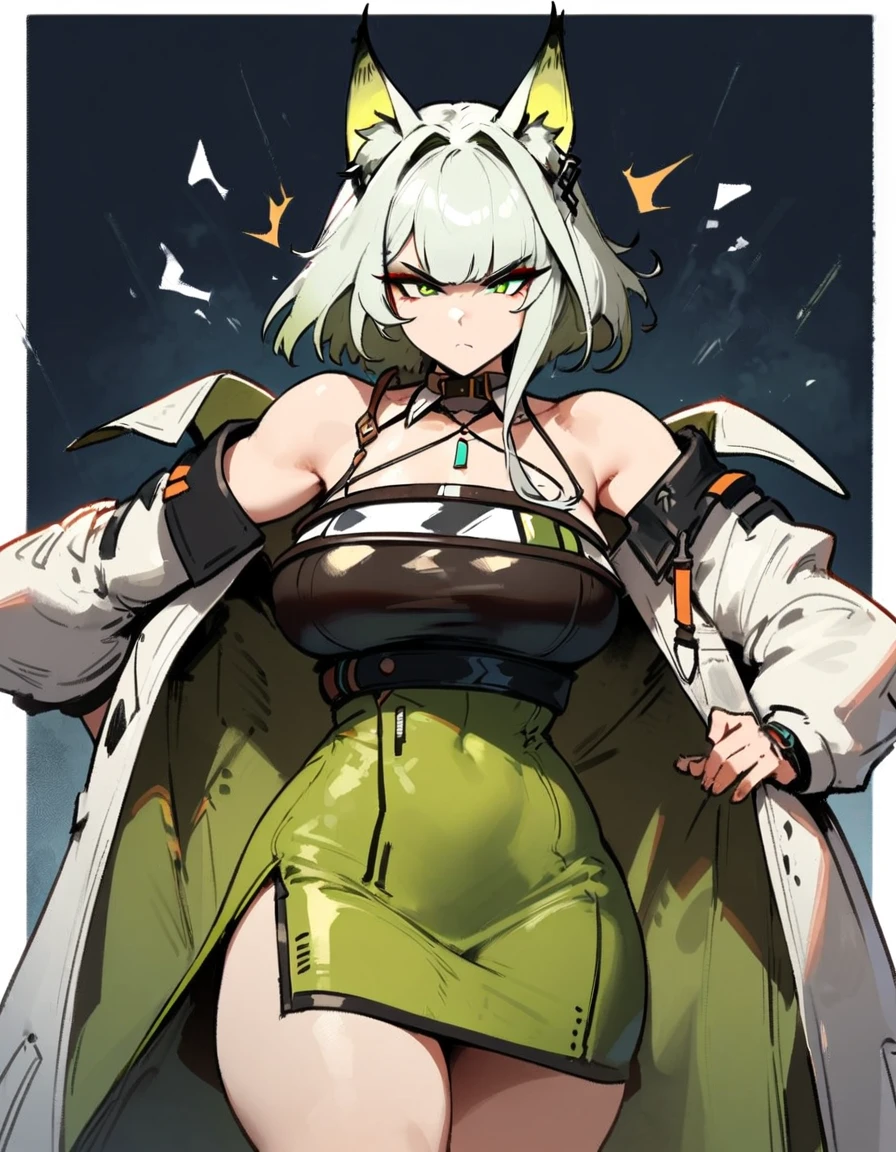 1girl, kal'tsit \(arknights\), arknights \\\\\ masterpiece, best quality, very aesthetic, absurdres, newest \\\\\\ slim body,///// ,by nyantcha,cutesexyrobutts , by khyle,,////// ,,,, , ,,detailed face, , ,, , , , , beautiful face, (white background:1.2), , sexy, , serious.angry, green eyes, animal ears, , ,,,big tits,), in the center of the frame,,, ,wears a lab coat, ,full body , solo