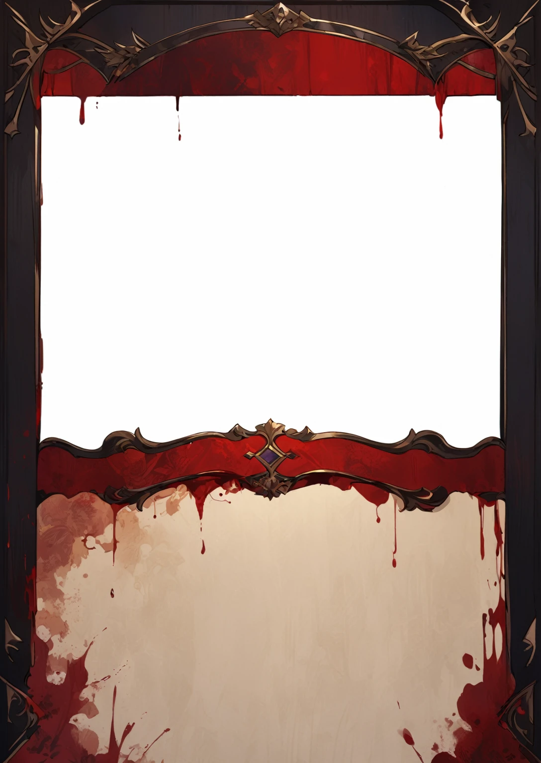 A card border UI，Medieval European aristocracy design，Noble and elegant dark style，Redwood frame，Parchment backing，There are blood stains on it。Deep Red、Emerald Green、Gold main tone。