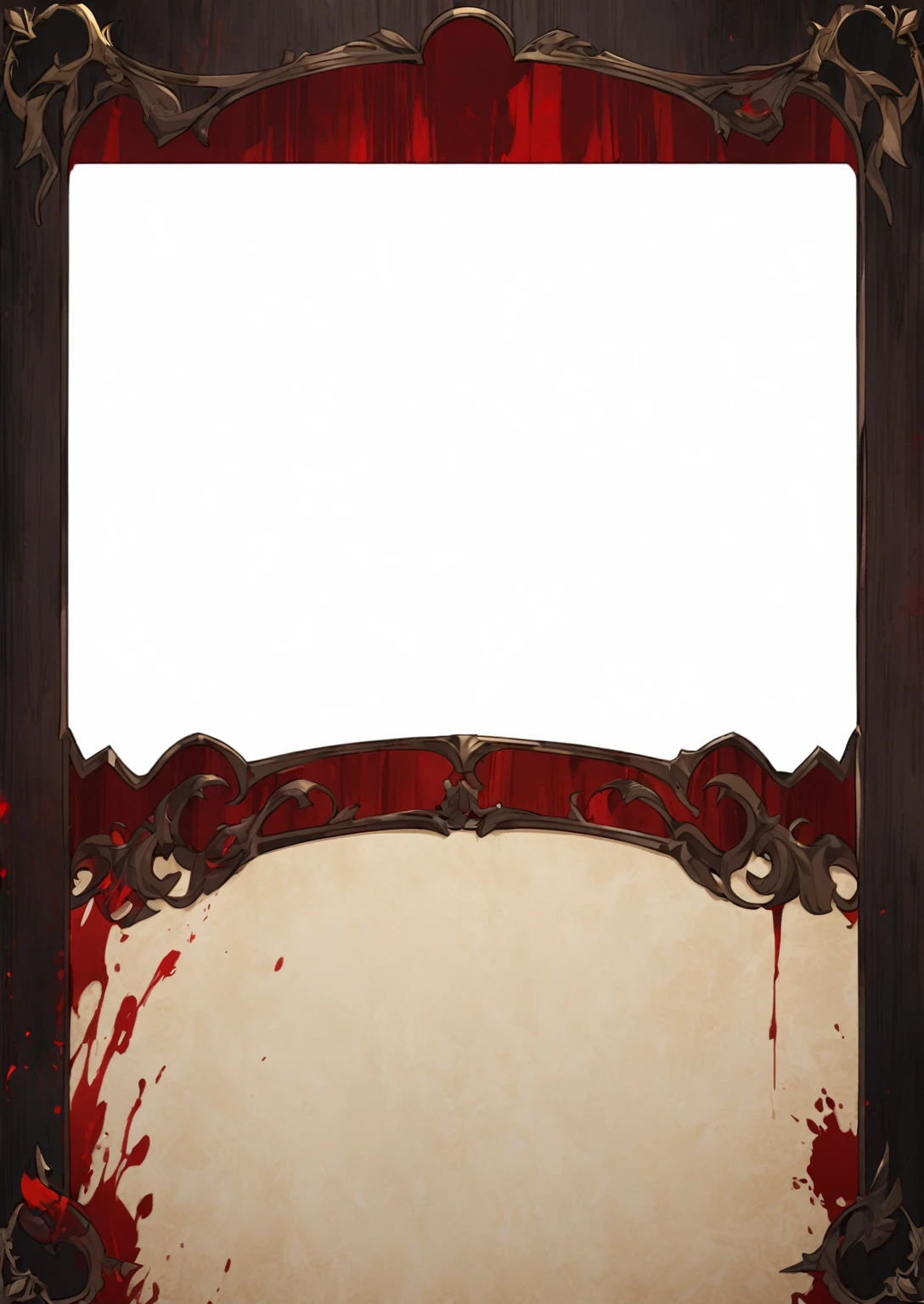 A card border UI,Medieval European aristocracy design,Noble and elegant dark style,Redwood frame,Parchment backing,There are blood stains on it。Deep Red、Emerald Green、Gold main tone。