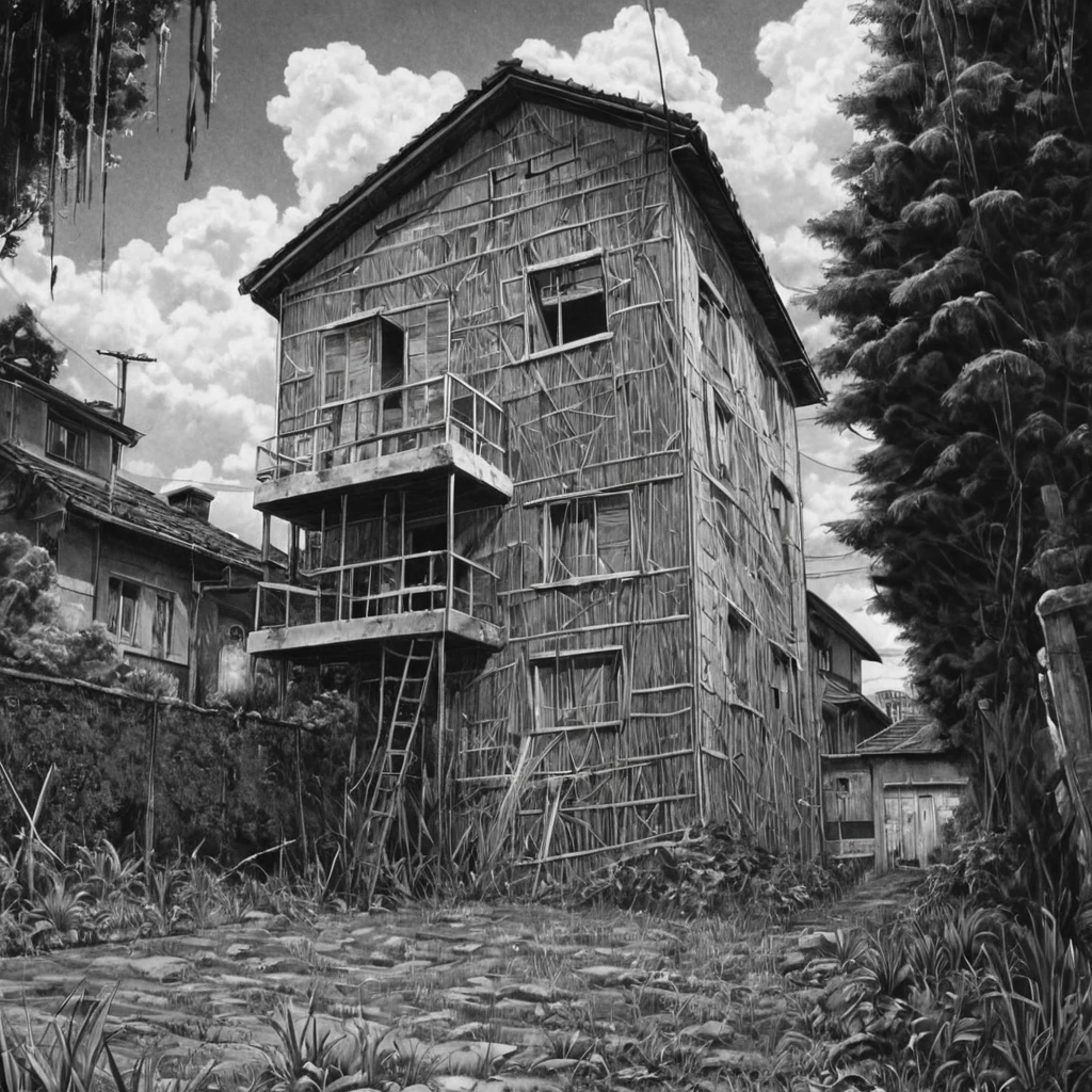 building house, (anime), bizarre scenario, Junji Ito, Yusuke Murata, black and white, 8k, anime, horror