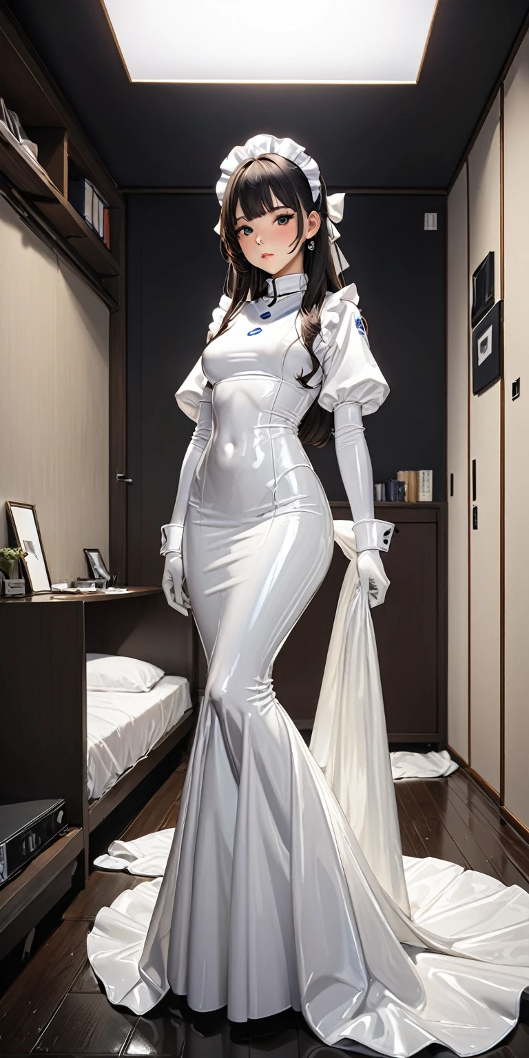 (masterpiece,Highest quality,Ultra-high resolution),Japanese women, (((Very beautiful 25 year old girl))),(White latex maid outfit)、Mermaid type white latex long skirt、(White latex long sleeve shirt)、white latex long gloves、White latex socks、The clothes fit snugly to the body、Latex is very shiny、Dark Room