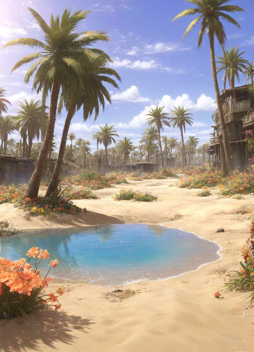 PEAnimeBG, アニメ, fund,
wasteland, oasis, sand, water, flowers, palmtrees,
work of art, high resolution, octância 4k, high détail