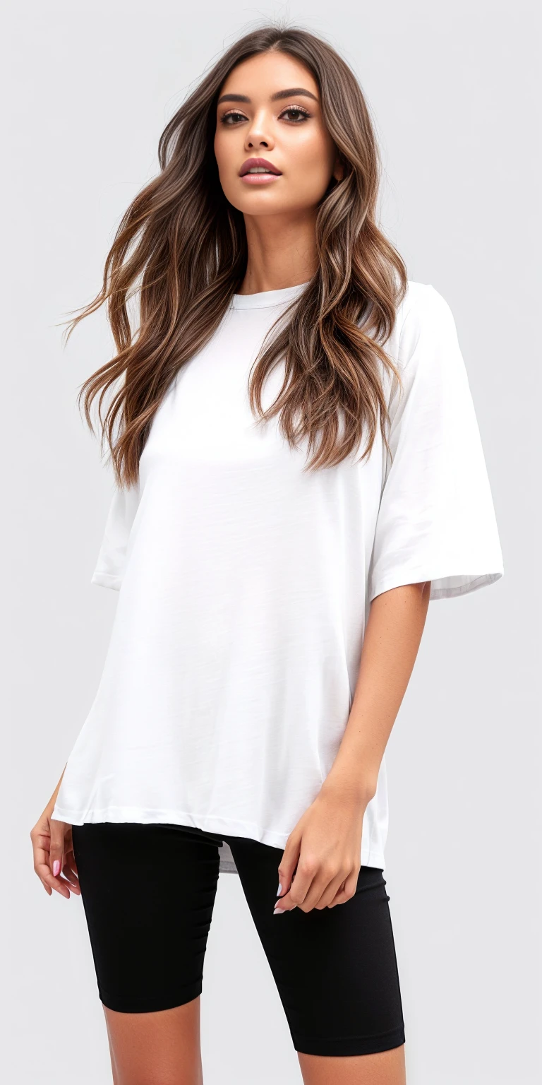 a woman in a white undershirt and black shorts, white undershirt, white undershirt, white undershirt, plain white undershirt, casual white clothes, vestido com uma white undershirt, white tunic, detailed white, white clothes, casual outfit, white clothes, trendy white clothes, dressed in a white undershirt, White top, shirt long, white shirt