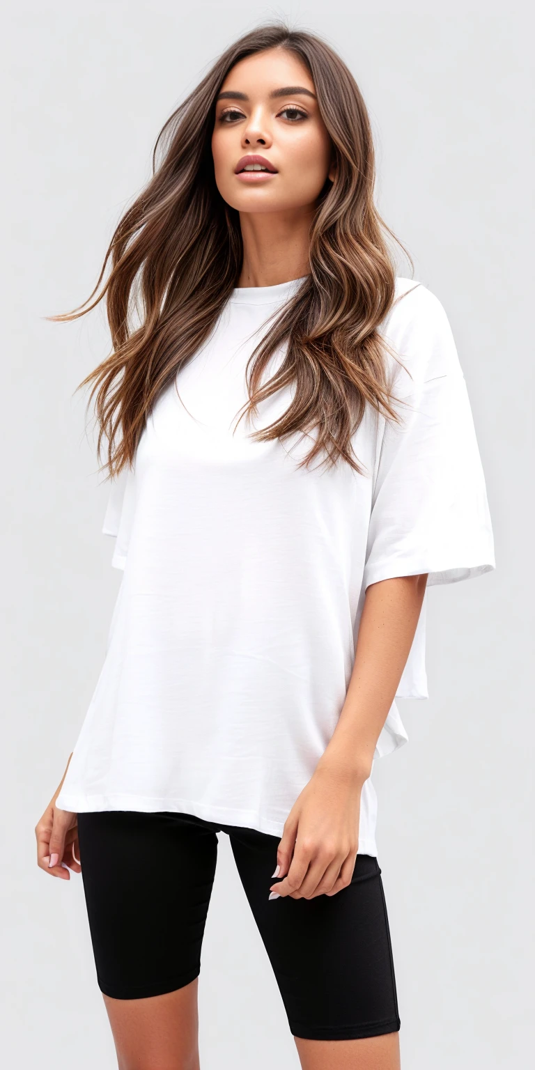 a woman in a white undershirt and black shorts, white undershirt, white undershirt, white undershirt, plain white undershirt, casual white clothes, vestido com uma white undershirt, white tunic, detailed white, white  clothes, casual outfit, white  clothes, trendy white  clothes, dressed in a white undershirt, White top, shirt long, white  shirt