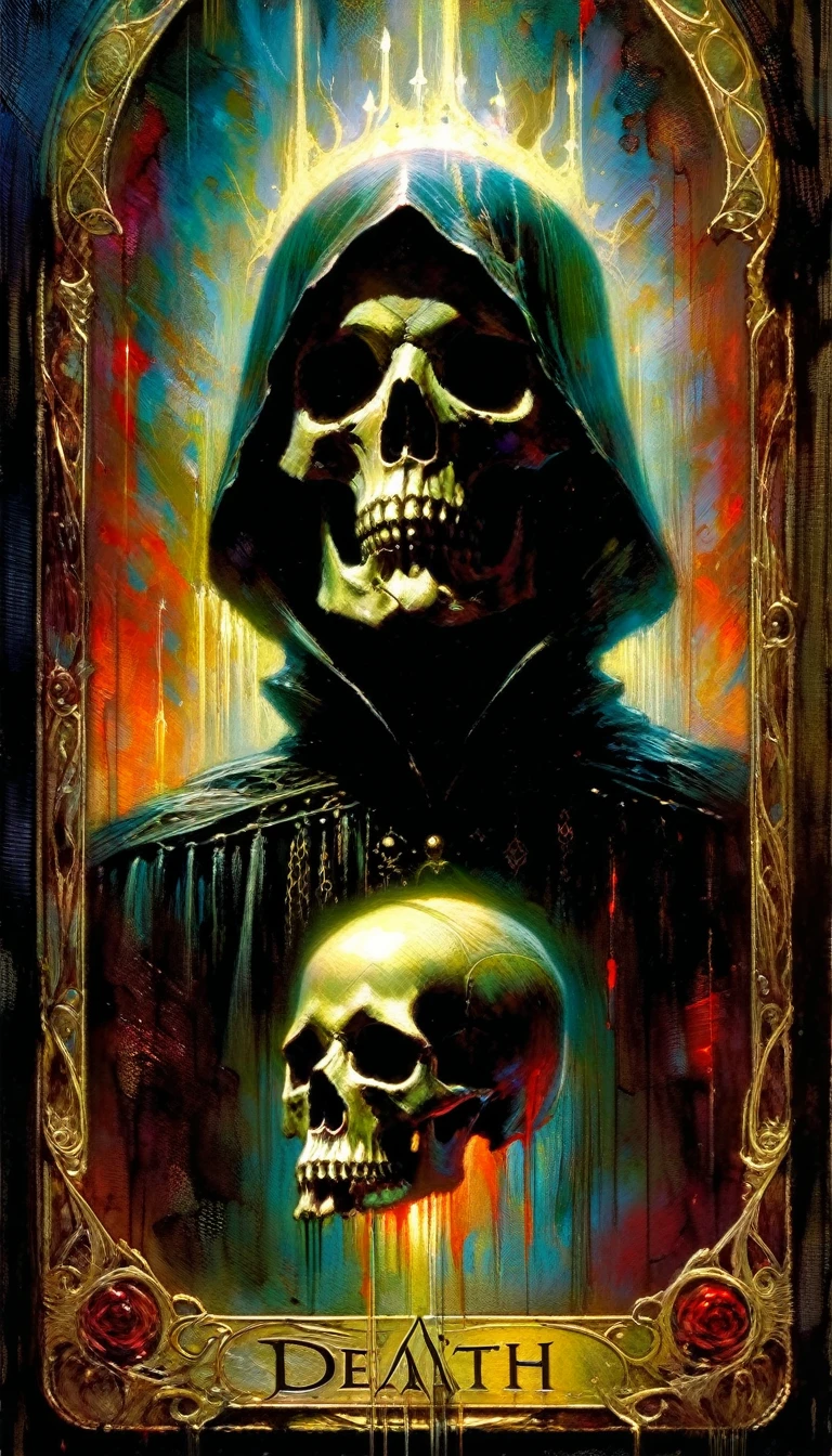 (tarot card death card, intricate detailed oil painting by Bill Sienkiewicz, vivid colors, highly detailed, cinematic dramatic lighting, mysterious, dark gothic, occult symbolism, visceral, haunting, photorealistic, 8k, masterpiece, chiaroscuro, dramatic shadows, ominous atmosphere, grungy textures, moody, somber, ethereal, powerful composition)
