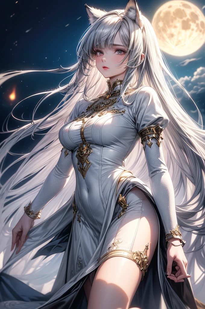 ((masterpiece, Highest quality)),Ultra-high resolution, (realism: 1.4),Best illustrations,Line art,Very condensed adult female,Delicate and beautiful features,Slit eyes,Sharp face,Very detailed white coat,Silver Hair,Wolf ears,Big tail,Fantasy,Roaring against the backdrop of the full moon and wilderness,wide aperture,Unreal 5,Scattered beneath the surface,Anatomically correct,Low angle full body shot