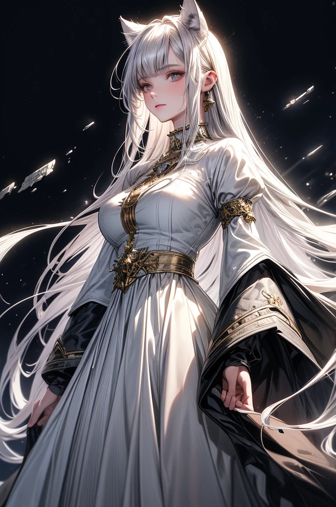 ((masterpiece, Highest quality)),Ultra-high resolution, (realism: 1.4),Best illustrations,Line art,Very condensed adult female,Delicate and beautiful features,Slit eyes,Sharp face,Very detailed white coat,Silver Hair,Wolf ears,Big tail,Fantasy,Roaring against the backdrop of the full moon and wilderness,wide aperture,Unreal 5,Scattered beneath the surface,Anatomically correct,Low angle full body shot