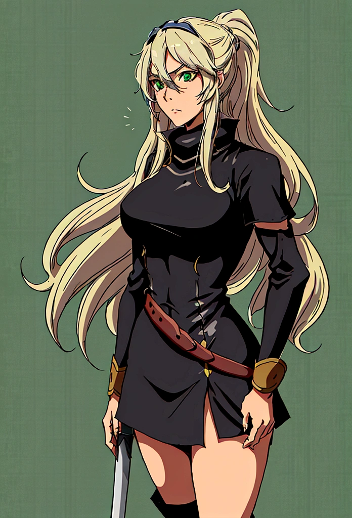 Create a 2D manga-style image of a young white woman named Lucina. She is a rogue in a medieval RPG setting. Lucina has long blonde hair tied in a ponytail., green eyes and a serious expression. His clothes are predominantly green and black.. She wears a fitted black top, a black cape and black pants, all with green details. Also include brown accessories, like a belt and boots. Lucina wears a brown glove on her left hand and brown anklets.. The background should reflect a medieval environment with fantasy elements, like a castle in the distance or a dense forest.

