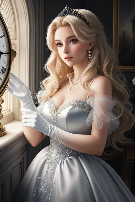 watercolor wash painting of a stunning Cinderella, voluminous blonde hair piled on top of her head, gray eyes, perfect face, perfect eyes, perfect hands, white gloves,dressed in a pearl-hued dress sparkling with crystals and trimmed in black velvet lace, looking at an old clock that shows midnight, his alabaster skin contrasting with the velvety darkness, high details, hyper-realistic, fantasy art, 8k, dramatic light