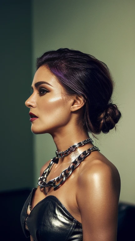 photo of celebrity, RAW, beautiful woman, ((portrait)), ((detailed face, colorful rainbow hair:1.2)), ((detailed facial feature, detailed skin, clear skin, parted lips), (perfect proportioned body, medium breasts, side boob), ( wearing a domineering mistress outfit, dressed entirely in shiny leather, purple eyeshadow, dark makeup: 1.5)), (high detailed dark bedroom lit by candles, walls, decorated with chains and whips: 1.3), (side profile, looking at camera: 1.25), (, realistic photo, best quality, detailed), (8k wallpaper), (cinematic lighting, dramatic lighting) (sharp focus, intricate)