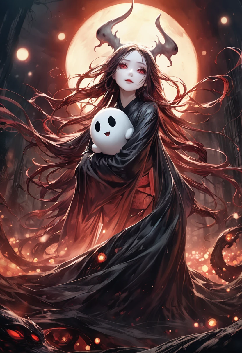 (Attractive girl, smile,) 「ghost」See[Plushie, Eyes stare, very beautiful, wuxia, Chinese, Horror manga style, dark, soul, dark red, Photorealistic Eyes, Bokeh, Monstrous, Surreal illustration, Horror Illustrator, Pathological theme, Hollow Knight&#39;s Art Style, Full Body Shot, Full Body Shot, ((masterpiece, High resolution, high quality, 最high quality))