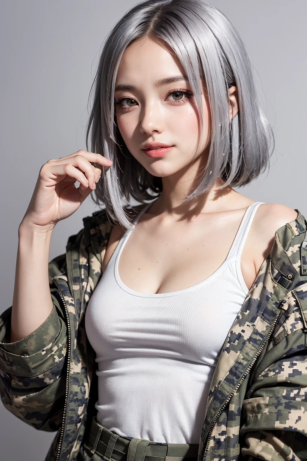 Realistic, masterpiece, Highest quality, Highest Resolution, (Gray blank background:1.3), (1girl:1.3), Photographed from the waist up, 20-year-old, Sharp Eyes, Grinning, Slightly to the side, (Beautiful narrow eyes, (Iris:1.2), (Hidden eyelid wrinkles:1.2), Thin eyebrows, Draw eyelashes carefully, Natural Makeup, Mid-length hair, Silver Hair, Detailed face), (White tank top, Camouflage pattern cargo pants), (Military training equipment:1.3), (Military jacket in hand:1.3)