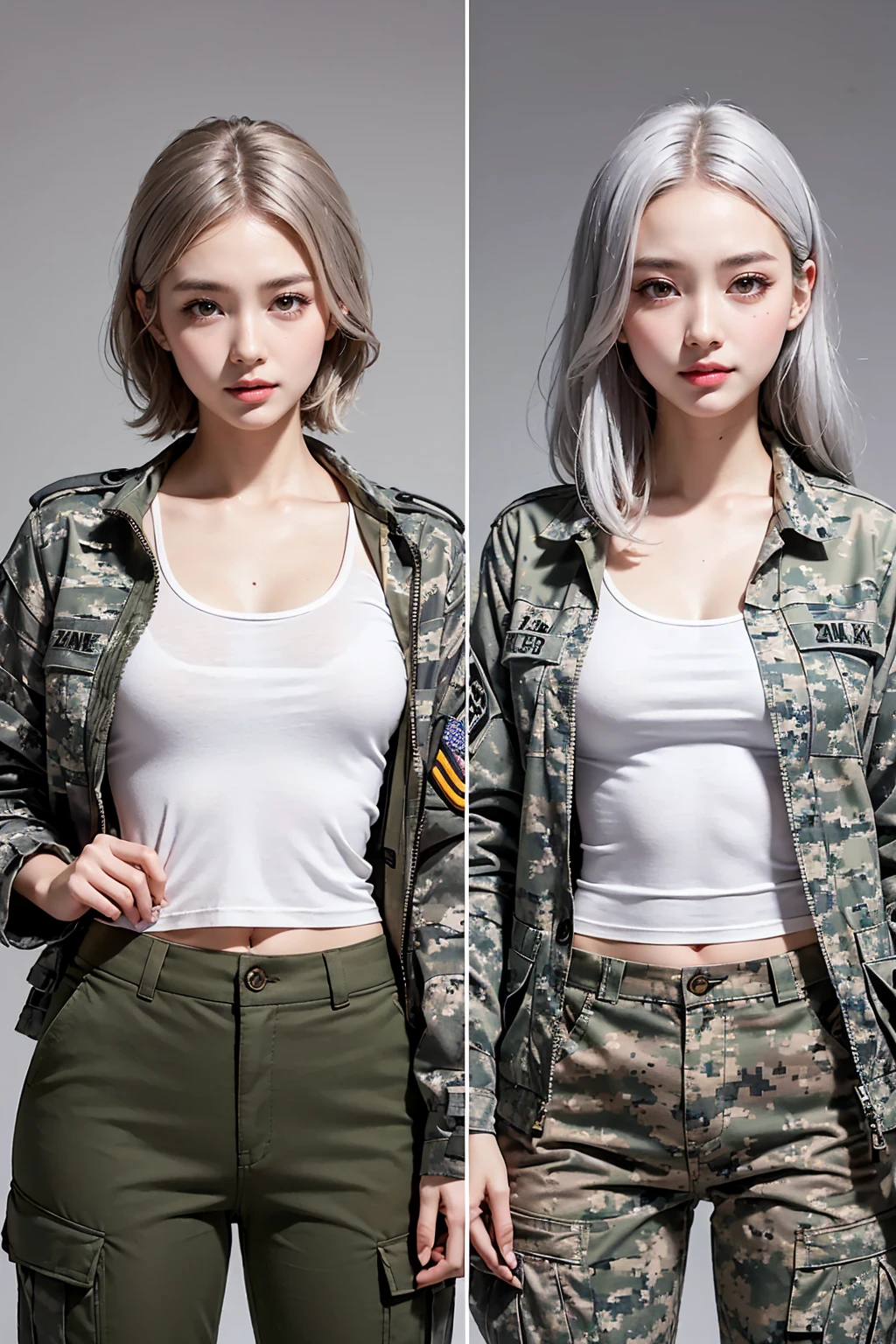 Realistic, masterpiece, Highest quality, Highest Resolution, (Gray blank background:1.3), (1girl:1.3), Photographed from the waist up, 20-year-old, Sharp Eyes, Grinning, Slightly to the side, (Beautiful narrow eyes, (Iris:1.2), (Hidden eyelid wrinkles:1.2), Thin eyebrows, Draw eyelashes carefully, Natural Makeup, Mid-length hair, Silver Hair, Detailed face), (White tank top, Camouflage pattern cargo pants), (Military training equipment:1.3), (Military jacket in hand:1.3)