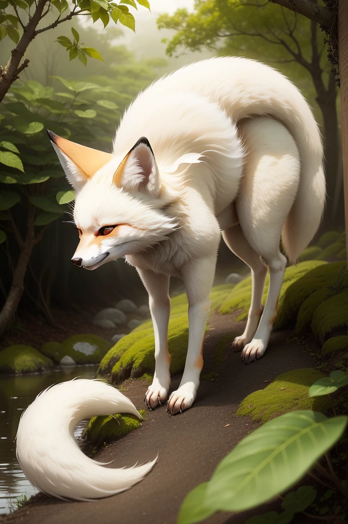 a cute white and red 9-tailed Japanese fox (kitsune), an early morning atmosphere, a beautiful japanese natural landscape, a dew atmosphere, and some dew drops.