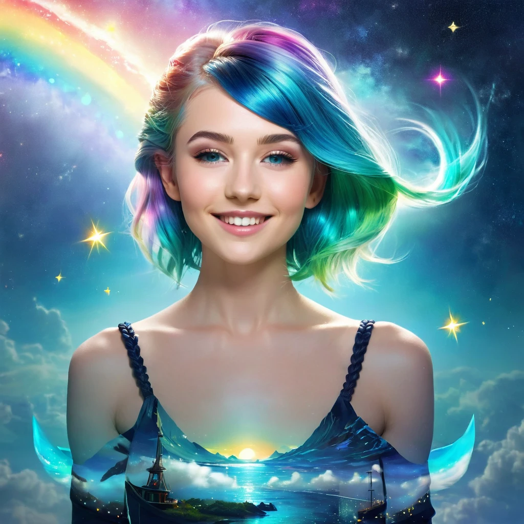 masterpiece,best quality,aesthetic,detailed face,subsurface scattering,dynamic angle, wrenchsfantasy,fantasy,1girl,photo of a cute girl,light smile,charming,20yo,Fishtail braid Hair.Asymmetrical bangs,Teal hair,glowing,cloud,colorful || starry,stars,spacecraft, space_style,style-swirlmagic,style-sylvamagic,rainbow-candy, brave, intricate, elegant, dramatic, divine, glowing, sharp focus, incredible detailed, creative, cinematic, fine detail, striking, pretty, perfect, artistic, exciting, marvelous, illuminated, loving, beautiful, enchanted, inspired, vibrant, light, winning, futuristic, best