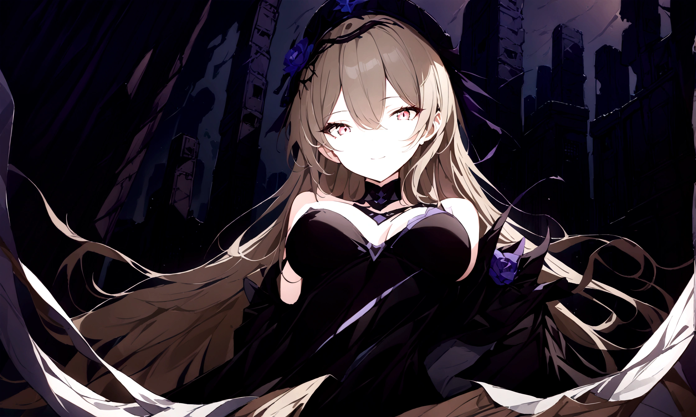 (best quality, highres, masterpiece : 1.4), (flatten art : 0.8), masterpiece, (best quality), 1woman, anime, beige long hair, fair skin, faint red eyes, black and purple headress, medium sized breast, calm smile, (detailed face), black dress, city ruin, close-up, alluring, dynamic angle, eyes to the viewer