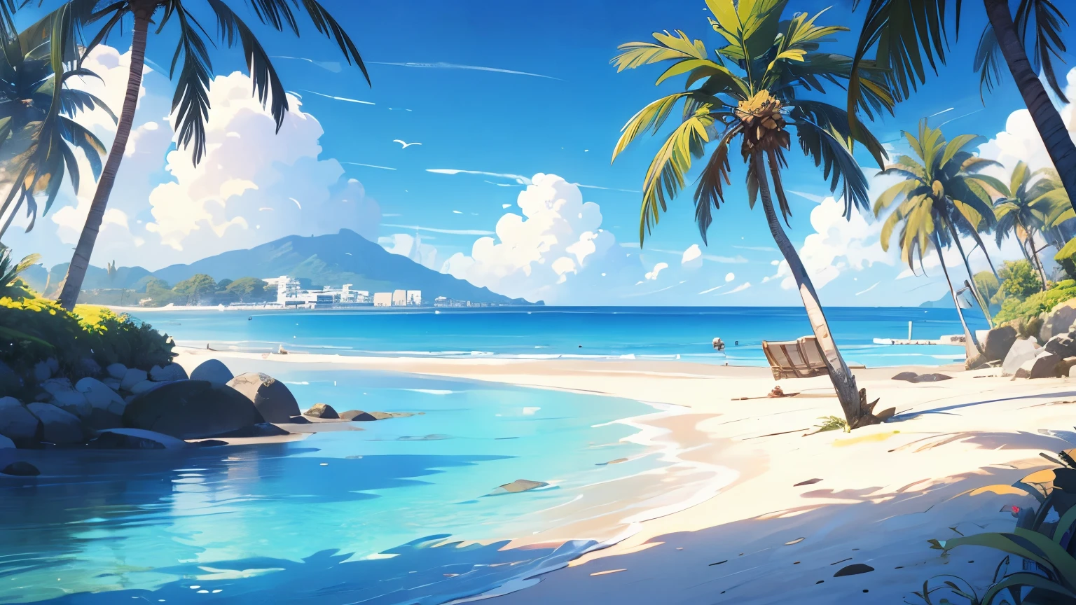 tropical house on the beach with palm trees and blue water, island background, anime background art, amazing wallpaper, background art, hd wallpaper, relaxing concept art, beautiful wallpaper, high quality desktop wallpaper, background artwork, pc wallpaper, anime background, tropical beach paradise, wallpaper hd, 8K image quality, Masterpiece