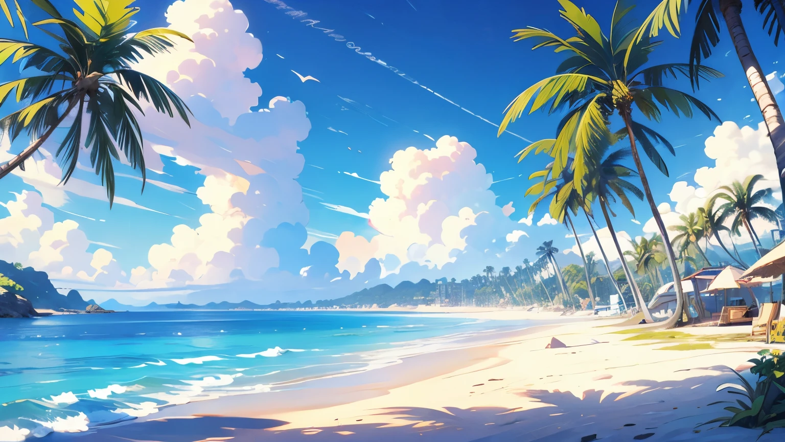 tropical house on the beach with palm trees and blue water, island background, anime background art, amazing wallpaper, background art, hd wallpaper, relaxing concept art, beautiful wallpaper, high quality desktop wallpaper, background artwork, pc wallpaper, anime background, tropical beach paradise, wallpaper hd, 8K image quality, Masterpiece