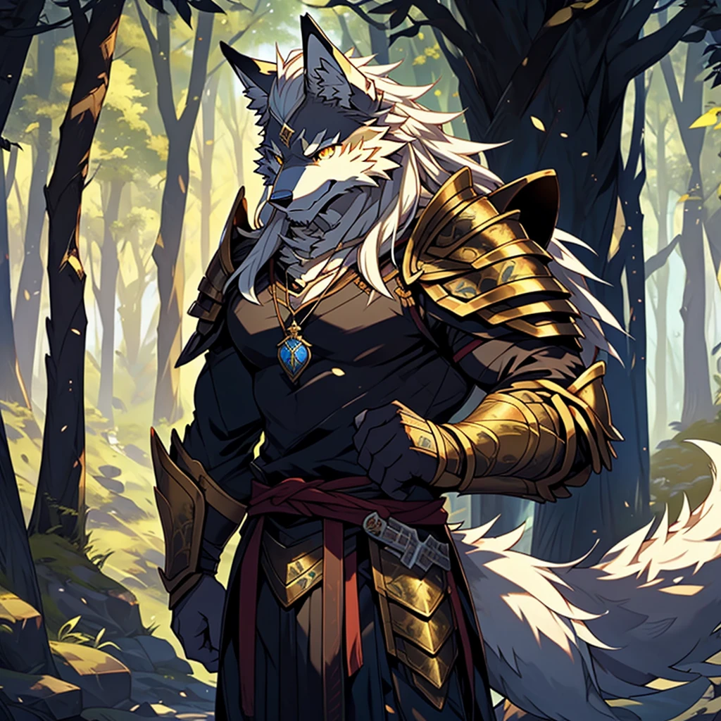 Injuried、、and、Sad eyes、Wound、armor、Long Sword、hairy、masterpiece、Anthropomorphic white wolf、Dragon-like golden eyes、Pure white hair、Tail、Wolf head pendant、forest