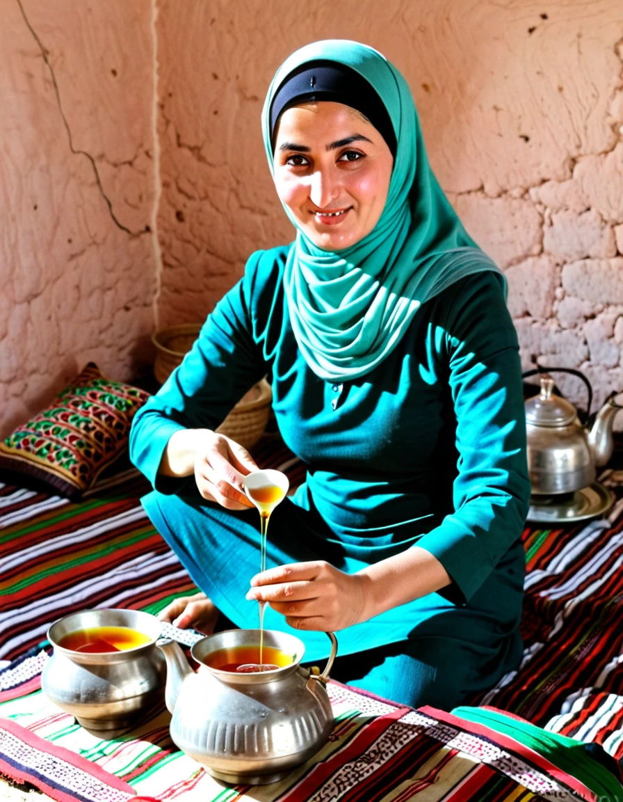 Pale skin Kurdish woman in hijab filling tea in village room 