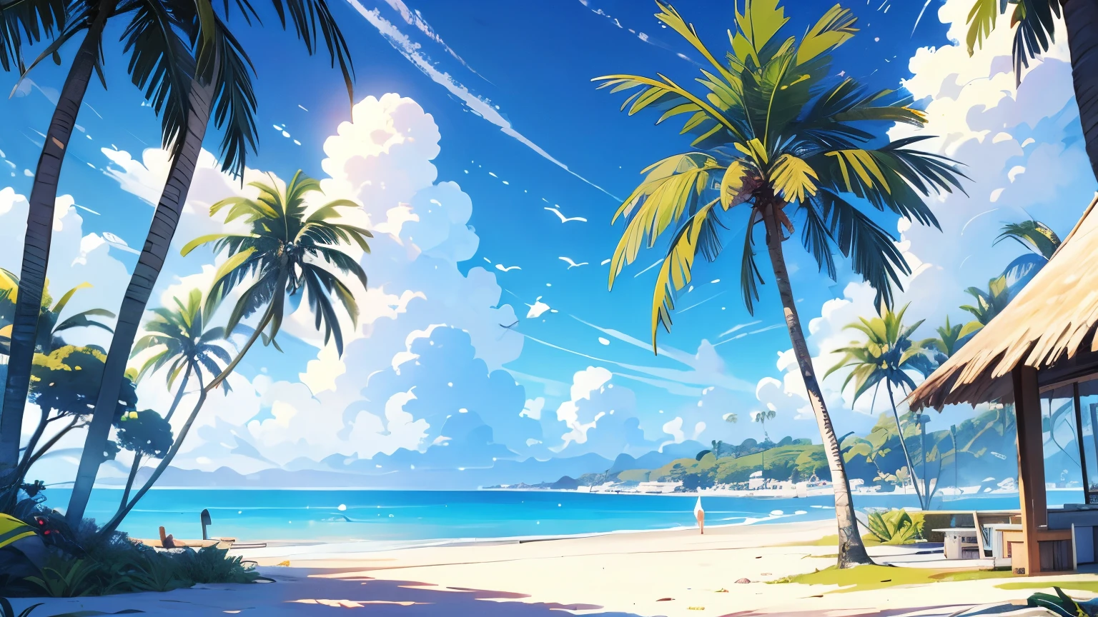 tropical house on the beach with palm trees and blue water, island background, anime background art, amazing wallpaper, background art, hd wallpaper, relaxing concept art, beautiful wallpaper, high quality desktop wallpaper, background artwork, pc wallpaper, anime background, tropical beach paradise, wallpaper hd, 8K image quality, Masterpiece