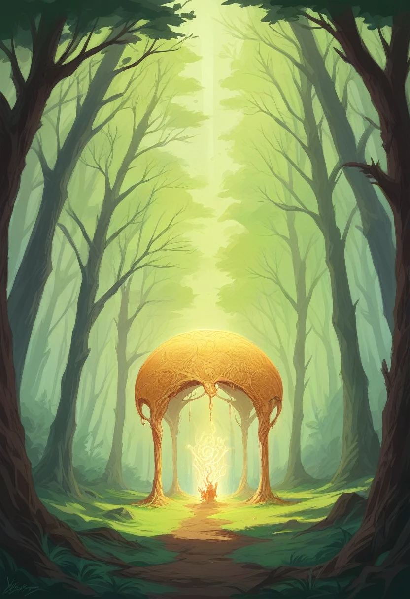 A mesmerizing forest opens into an otherworldly realm covered in opalescent marble. Tall trees with glistening bark cast a soft glow. A golden lattice adds to the enchantment. A divine female figure shrouded in stardust appears, her eyes glowing as she explores the forest's mysteries. Unexplored ecosystems, remnants of magic, and advanced technology create an eerie, exciting, and suspenseful atmosphere.