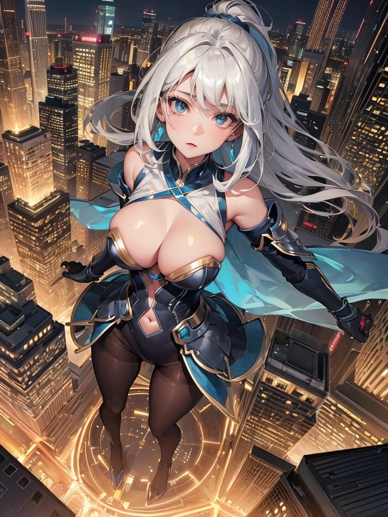 amazing lightingbolt beautiful woman, blue color, extremely huge bust, run on the empty street, luminous, reflective, hyper detailed, trending on artstation, intricate details, highly detailed, background big city with skyscrapers at night, super detail, ultra realistic, cinematic lighting, amazing, best color, perfect image high flying aerial top down view, photorealistic, a sprawling cityscape emerges, adorned with towering skyscrapers, photograph, advanced technology and bustling activity create a sense of awe and wonder, at night, super detail, ultra realistic, cinematic lighting, amazing, best color, perfect image perspective, by DamShelma