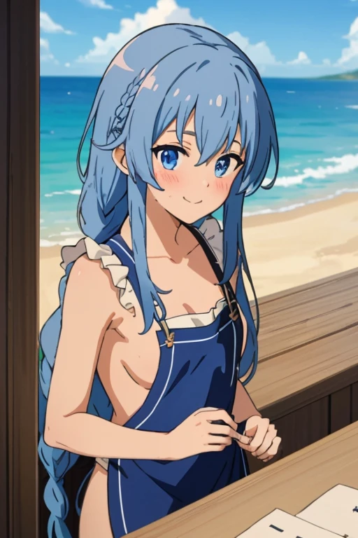 (masterpiece, best quality), music, 1 girl, solitary, Smile, blush, Double braid, Long hair, Blue Hair, garlic,  blue eyes, ((apron)), ((nude)), 裸apron，Small Breasts, Upper Body, eternal,  Looking at the audience, ocean滩, ocean,