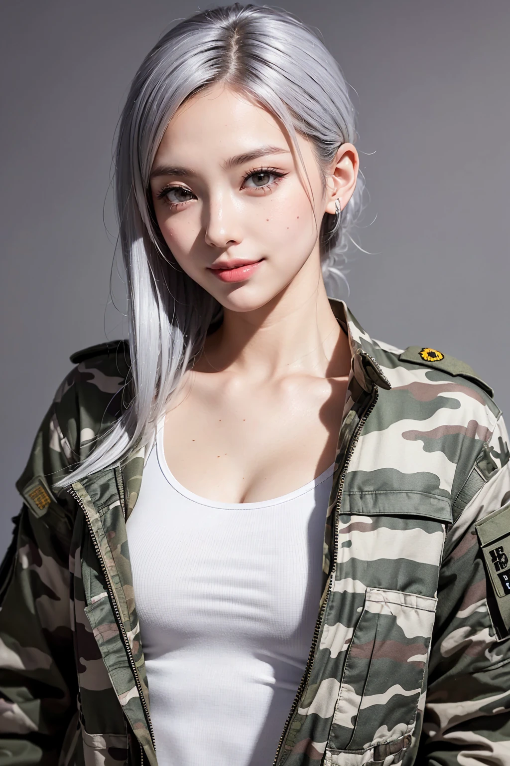 Realistic, masterpiece, Highest quality, Highest Resolution, (Gray blank background:1.3), (1girl:1.3), Photographed from the waist up, 20-year-old, Sharp Eyes, Grinning, Slightly to the side, (Beautiful narrow eyes, (Iris:1.2), (Hidden eyelid wrinkles:1.2), Thin eyebrows, Draw eyelashes carefully, Natural Makeup, Mid-length hair, ponytail, Silver Hair, Detailed face), (White tank top, Camouflage pattern cargo pants), (Military training equipment:1.3), (Military jacket in hand:1.3)