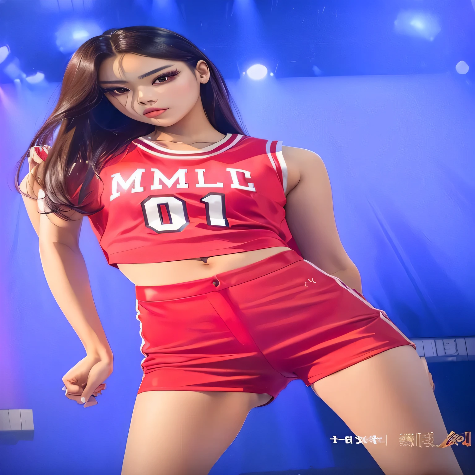 a close-up of a person in red clothing on a stage, tzuyu from twice, red uniform, magic uniform university, Jisoo do Blackpink, wearing red costume, Korean female fashion model, crop top e shorts, thin girl model photo, wearing a crop top and miniskirt, wearing basketball jersey, wearing red blouse, Jisoo do Blackpink, esportivo