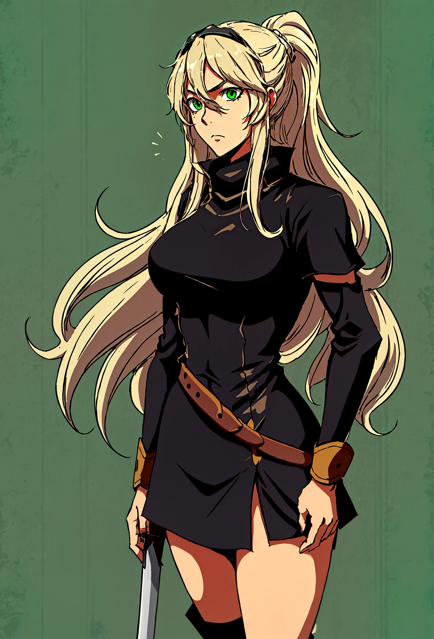 Create a 2D manga-style image of a young white woman named Lucina. She is a rogue in a medieval RPG setting. Lucina has long blonde hair tied in a ponytail., green eyes and a serious expression. His clothes are predominantly green and black.. She wears a fitted black top, a black cape and black pants, all with green details. Also include brown accessories, like a belt and boots. Lucina wears a brown glove on her left hand and brown anklets.. The background should reflect a medieval environment with fantasy elements, like a castle in the distance or a dense forest.

