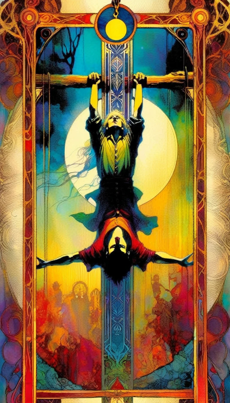 ((tarot card)) THE HANGED MAN ((card frame)), work by Bill Sienkiewicz, vivid colors, intricate details, oil.
