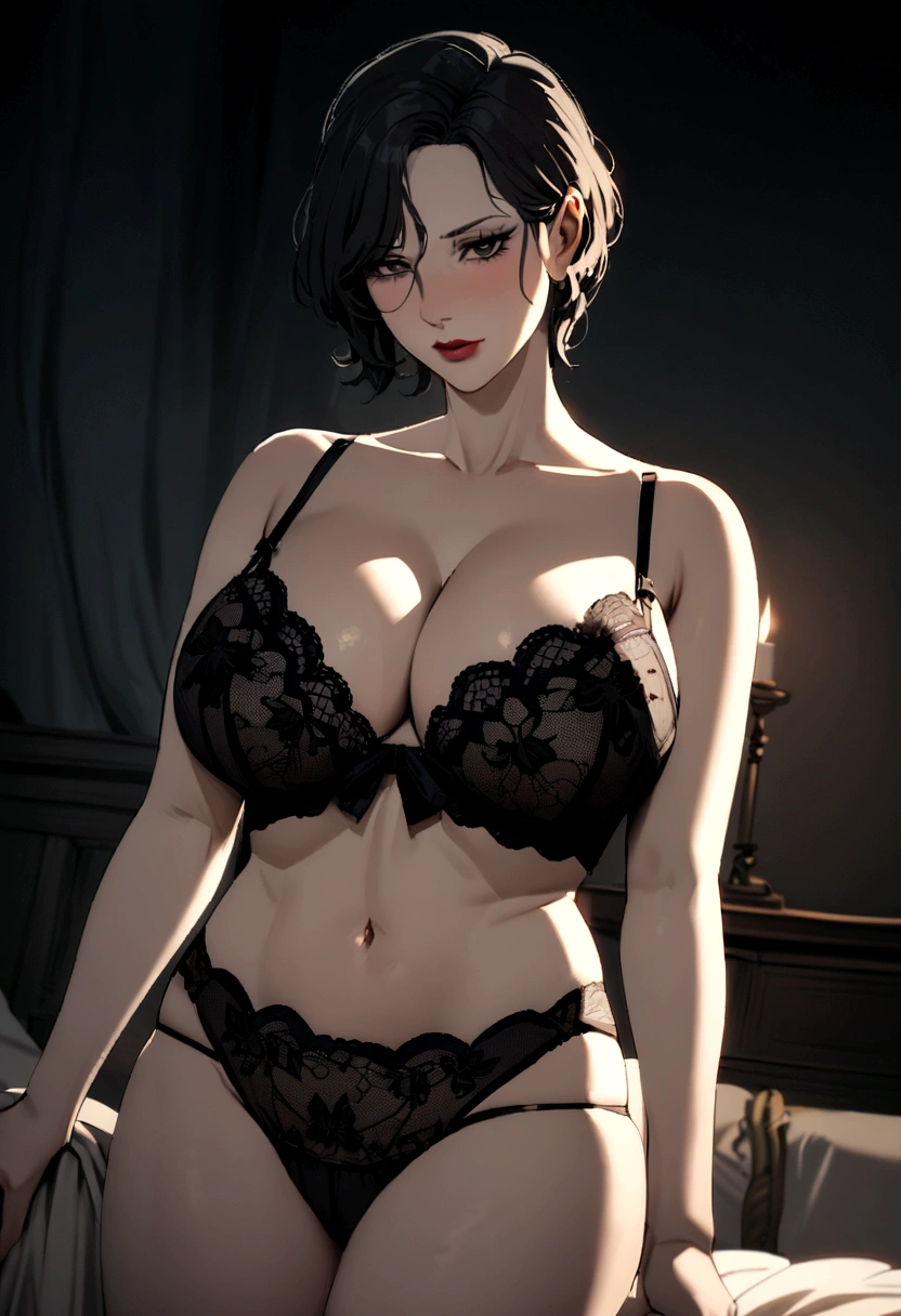 a beautiful, tall, mature woman, married woman, with short hair, a stern look, wearing sexy lingerie, visible cleavage, a dark room, 18th-century atmosphere, seductive, noblewoman, bra and panty, big breasts, dark and moody atmosphere, visible panty