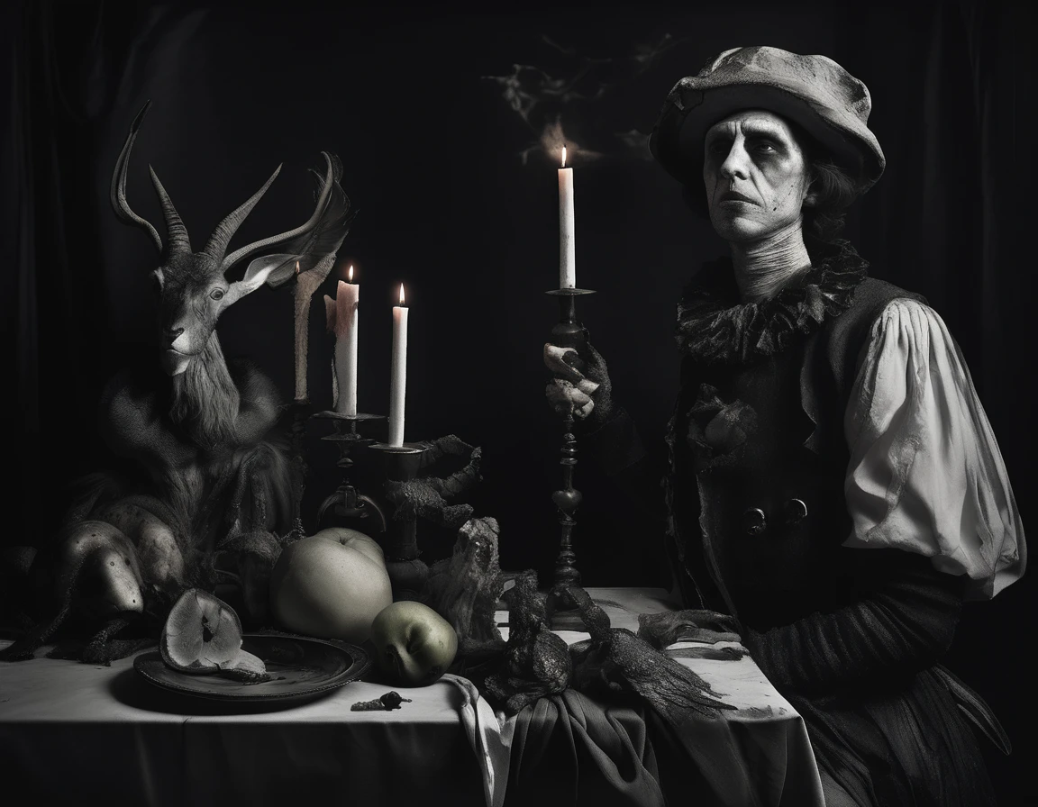 Unique photos in the style of Willem van Aelst - Joel-Peter Witkin, HD, Dark, 8K, Surreal and horror elements, Dark and dramatic tonal range, Strong contrast between light and shadow,Create a sense of depth,Emphasize details in your composition, Symbolism and allegorical narrative, Complex and philosophical subject matter
