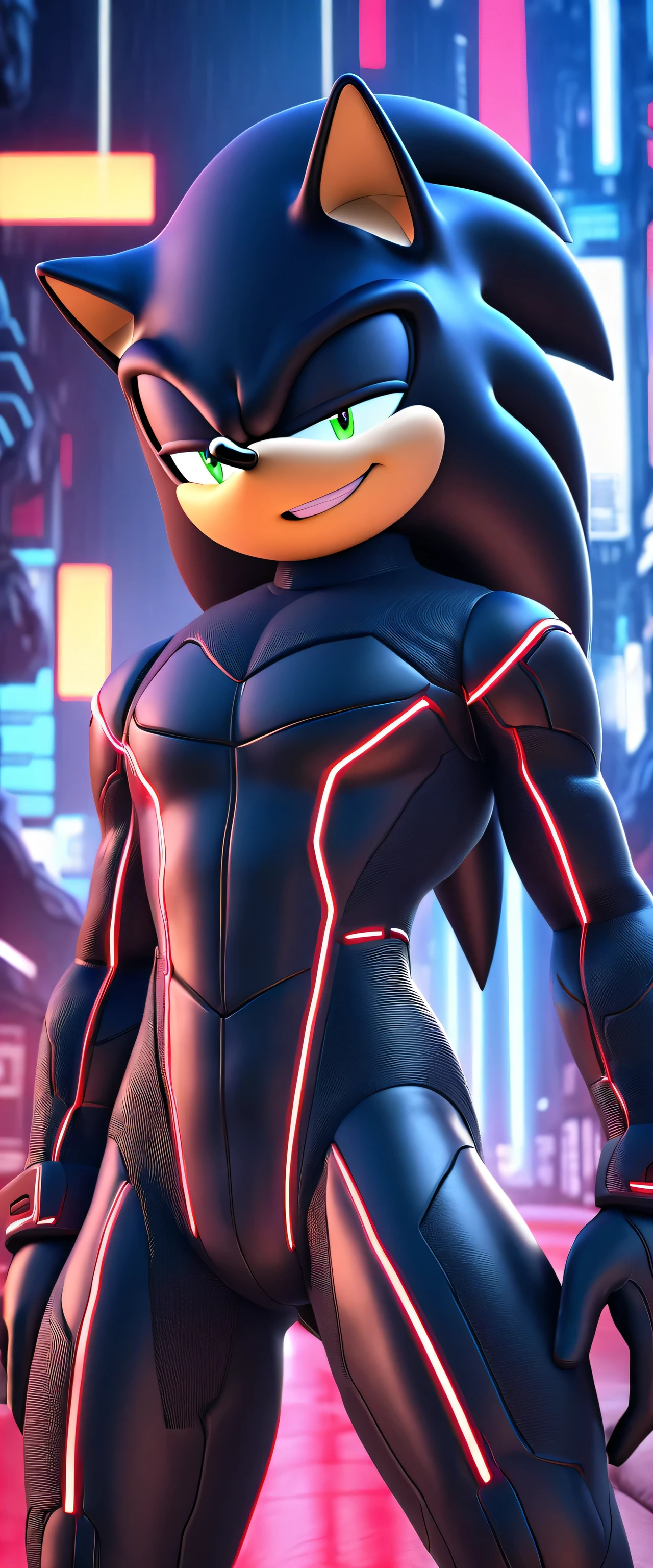(((masterpiece:1.5, 4K, 8K))), a full body high quality digitally drawn rendered image ((by SEGA)) of A solo male tall anthro ((gunmetal grey hedgehog)), (((sonic style quills:0.9))) with glowing green eyes, (((tan muzzle))), wearing a (((sci-fi bodysuit))) stands in a neon-lit cyberpunk city The android's bodysuit is adorned with (((black coloring:1.5))) with (((crimson accents:1))), with intricate android seams, creating a futuristic look. the android has a seductive smirk on his face