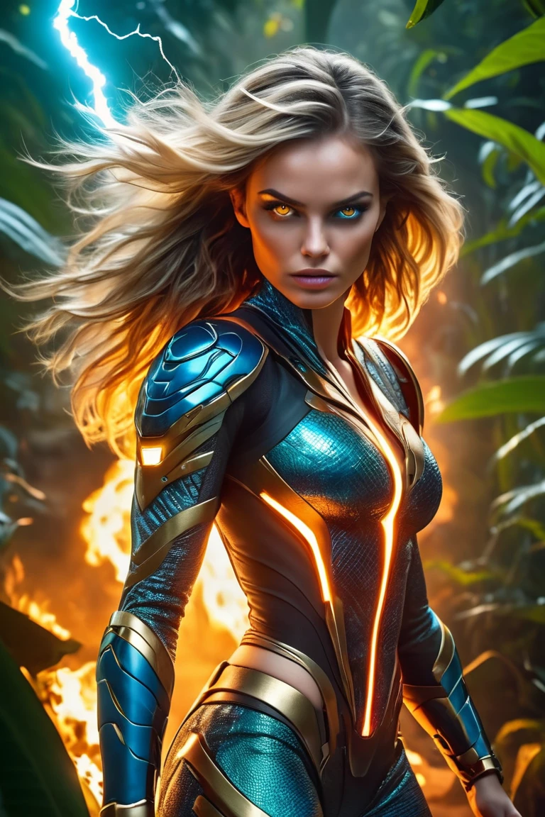 (hyperreal:1.4),
(((full body shot:1.5))), RAW, emotional, dynamic, distortion for emotional effect, bright, use of unusual colors, Nice cinematography, (realistic, photo realistic:1.4),
Cobra Girl, armed, jungle, Quiet Bay, superhero with magical powers, creating such elements, like fire and lightning, radiating an aura of mystery,
detailed eyes, detailed face, Detailed skin,