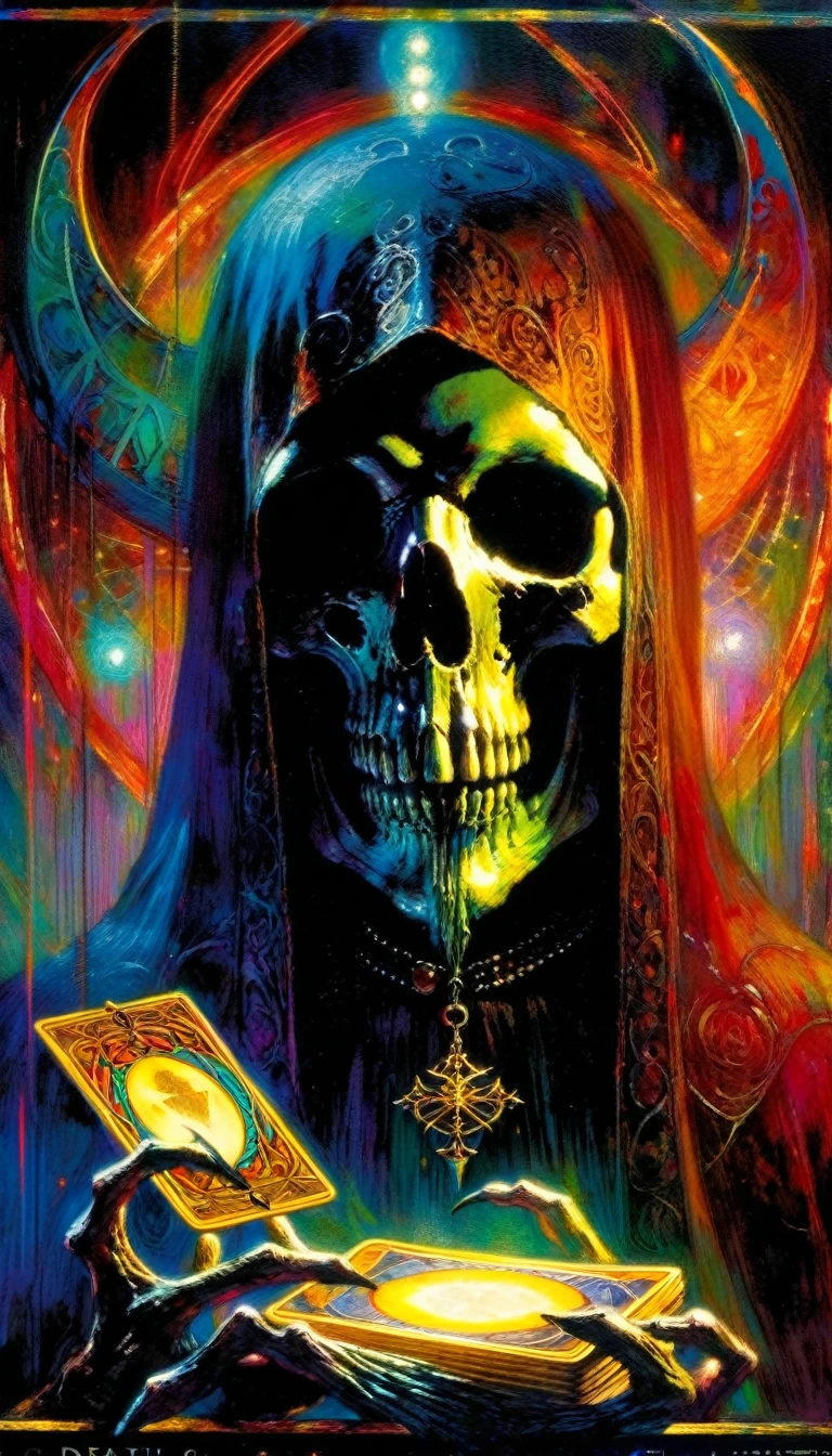 (tarot card death card,intricate detailed oil painting by Bill Sienkiewicz,vivid colors,highly detailed,cinematic dramatic lighting,mysterious,dark gothic,occult symbolism,visceral,haunting,masterpiece)
